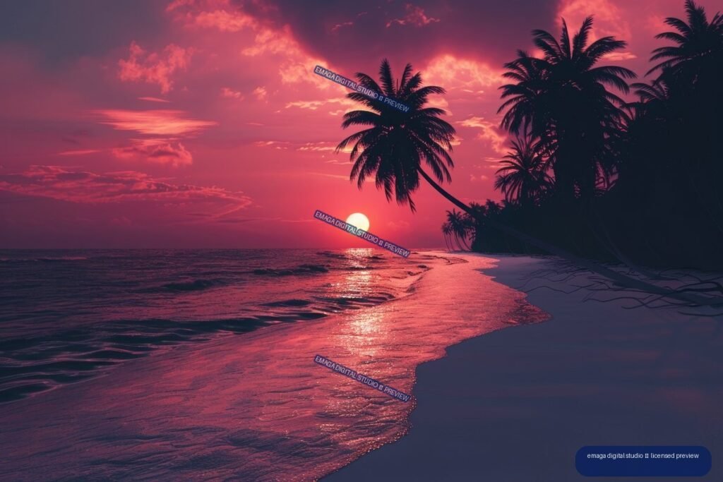 Tropical beach at sunset with silhouetted palm trees, a glowing sun, ocean waves, and pink cloud-filled sky.