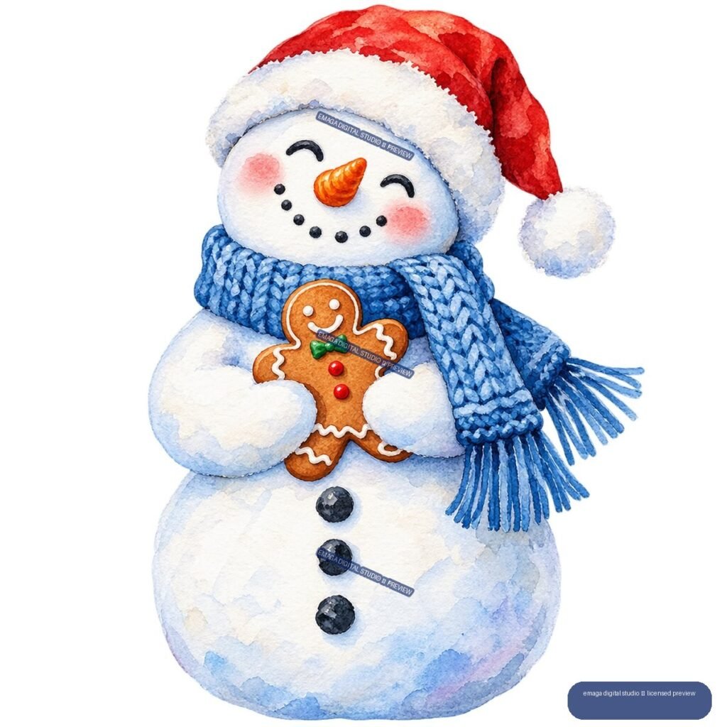 Watercolor snowman wearing a Santa hat and blue scarf while holding a decorated gingerbread cookie.