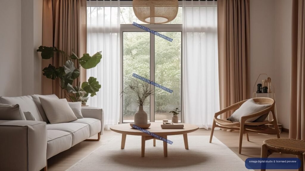 Minimalist Japandi living room with a light sofa, low wooden table, woven chair, plants, and tall windows overlooking trees.