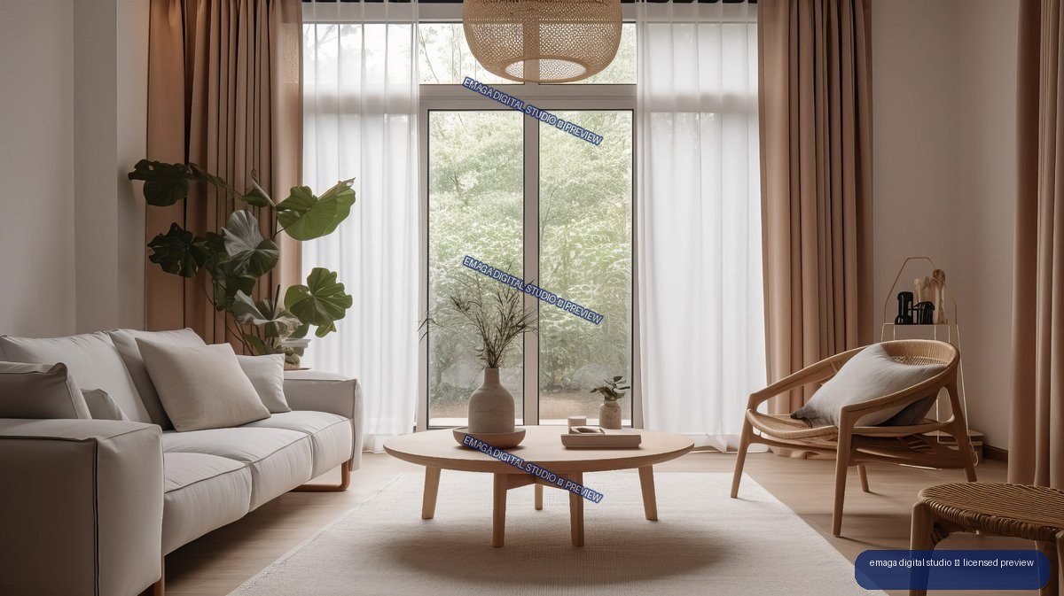 Minimalist Japandi living room with a light sofa, low wooden table, woven chair, plants, and tall windows overlooking trees.