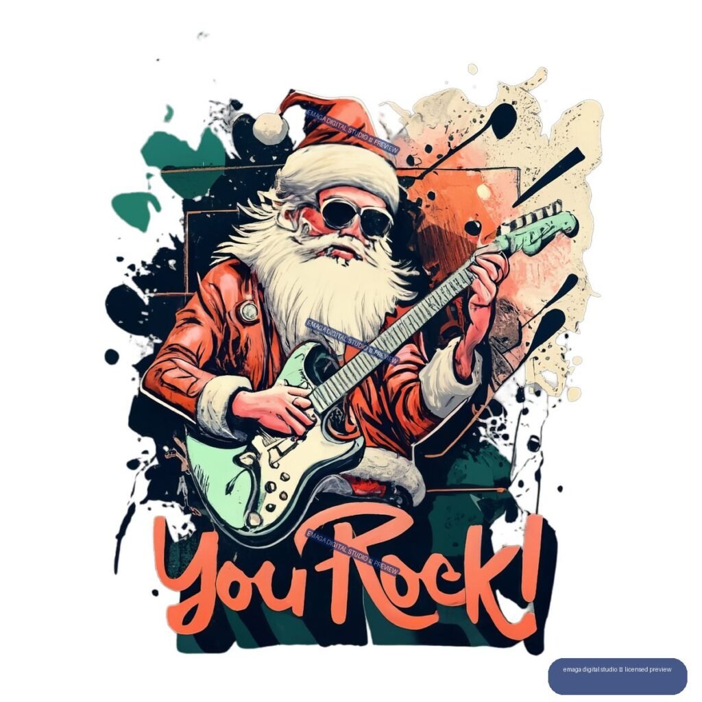 Santa Claus in sunglasses plays a mint-green electric guitar above large orange “You Rock!” lettering, surrounded by colorful paint splashes.