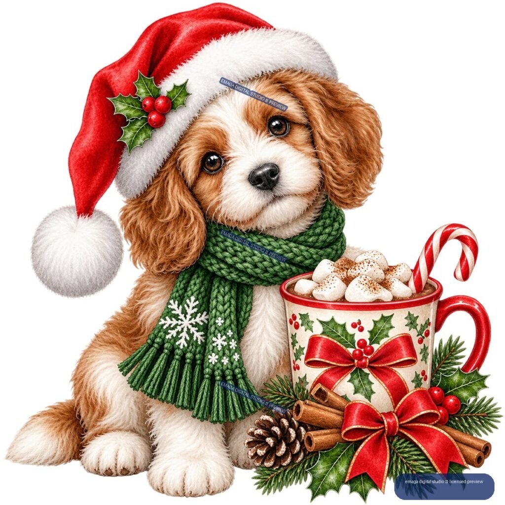 Brown-and-white puppy in a Santa hat and green scarf beside hot cocoa, candy cane, holly, pinecones, cinnamon sticks, and red bows.
