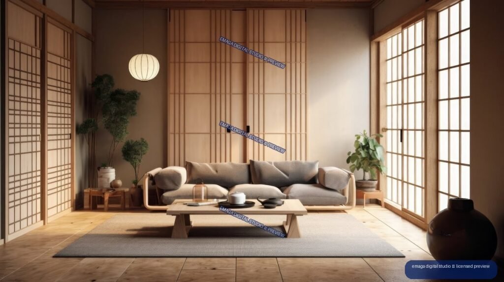 Minimalist Japandi living room with sofa, low wooden table, shoji screens, plants, and large gridded windows.