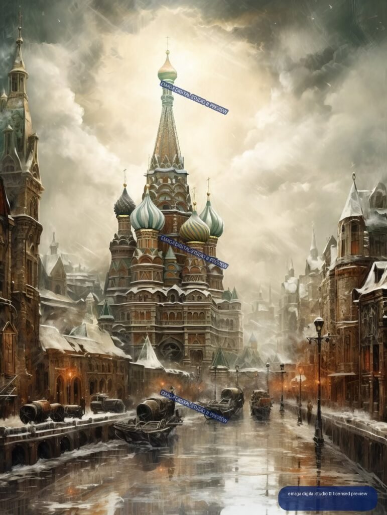 Snowy Moscow street with Saint Basil’s Cathedral, ornate domes, historic buildings, streetlights, and reflective wet pavement beneath dramatic clouds.