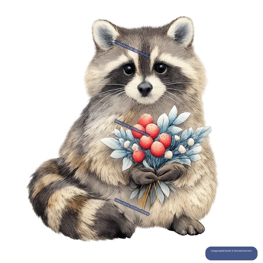 Seated raccoon holding a bouquet of red berries and pale blue winter foliage.