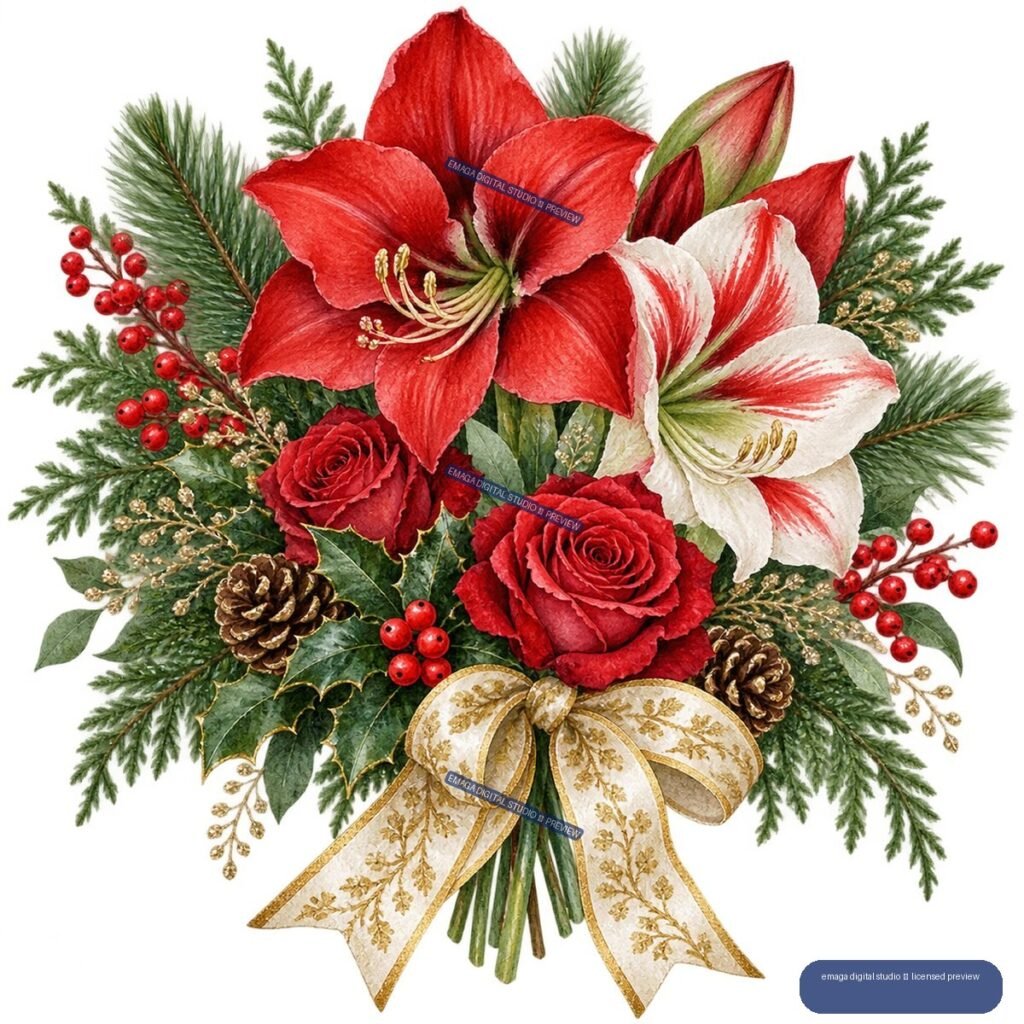 Watercolor Christmas bouquet with red and white amaryllis, roses, evergreen branches, berries, pine cones, and a cream-and-gold bow.