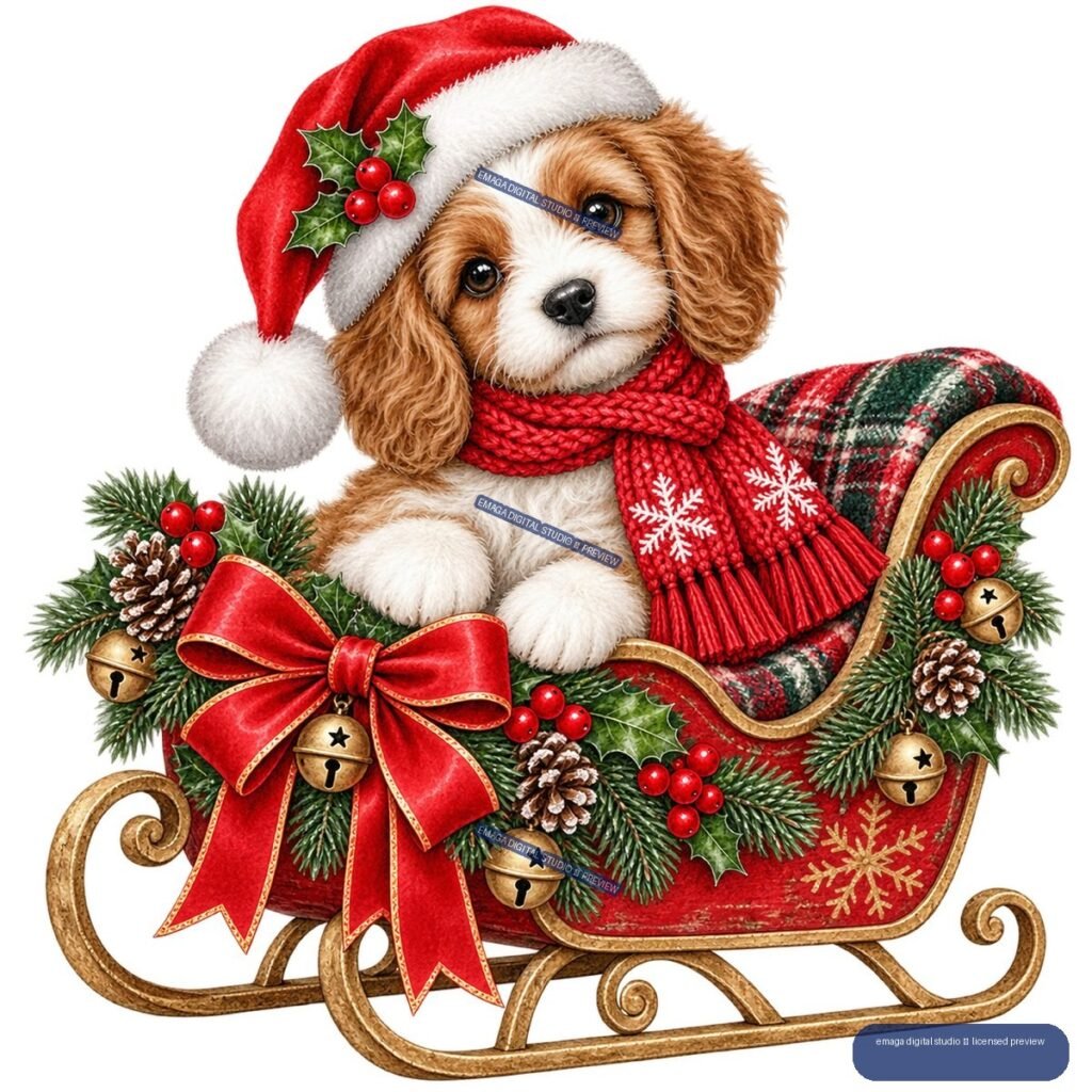 Brown-and-white puppy wearing a Santa hat and red snowflake scarf, sitting in a decorated red Christmas sleigh surrounded by evergreen branches, berries, pinecones, bells, and a large bow.