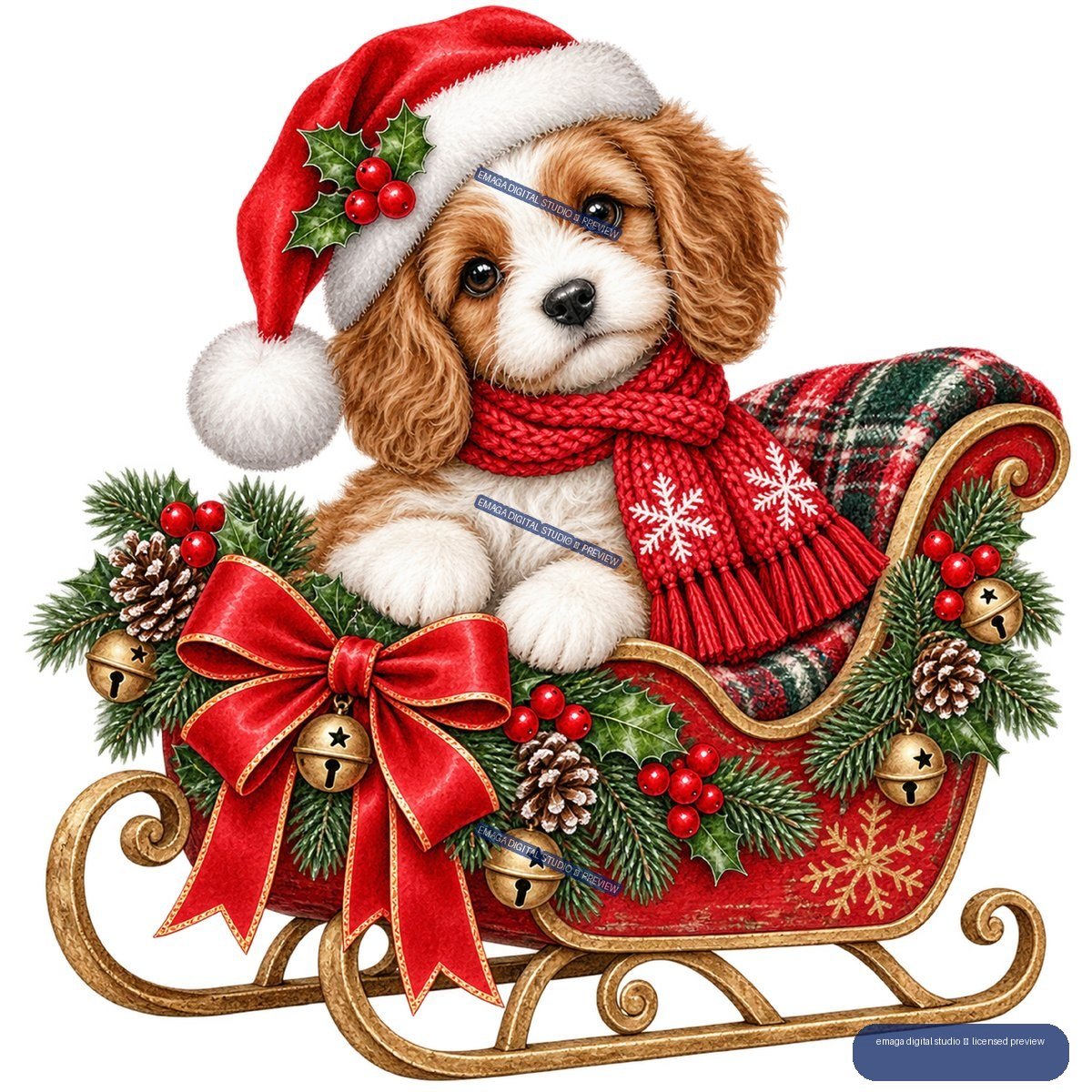 Brown-and-white puppy wearing a Santa hat and red snowflake scarf, sitting in a decorated red Christmas sleigh surrounded by evergreen branches, berries, pinecones, bells, and a large bow.
