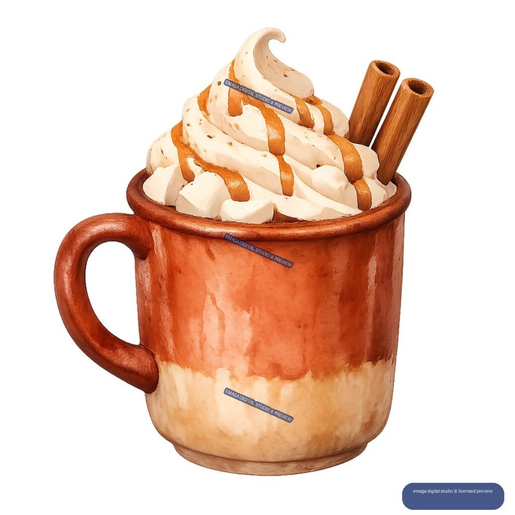 Illustration of an orange-brown ceramic mug topped with whipped cream, caramel drizzle, and two cinnamon sticks.