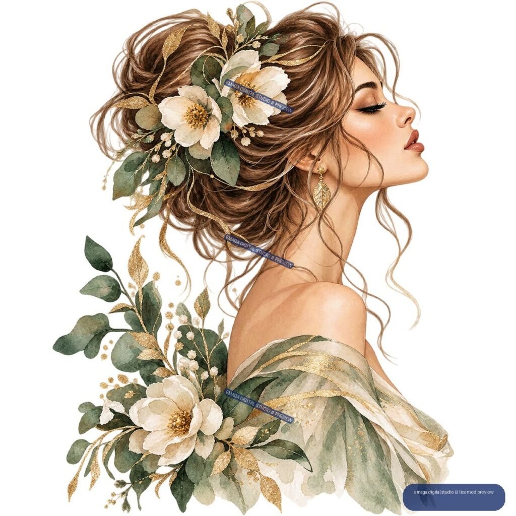 Right-facing watercolor portrait of a woman with flowing brown hair, cream flowers, green foliage, gold accents, and draped fabric.