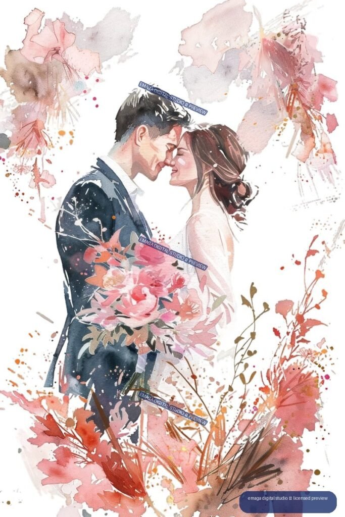 Watercolor illustration of a bride and groom kissing amid large pink and coral floral arrangements.
