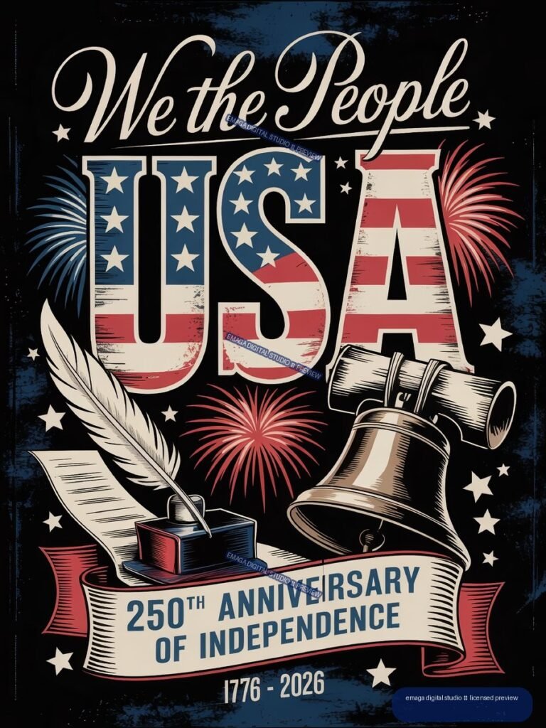 Vintage-style patriotic poster reading “We the People,” with large star-and-stripe USA lettering, fireworks, a quill, inkwell, Liberty Bell, anniversary ribbon, and “1776–2026.”