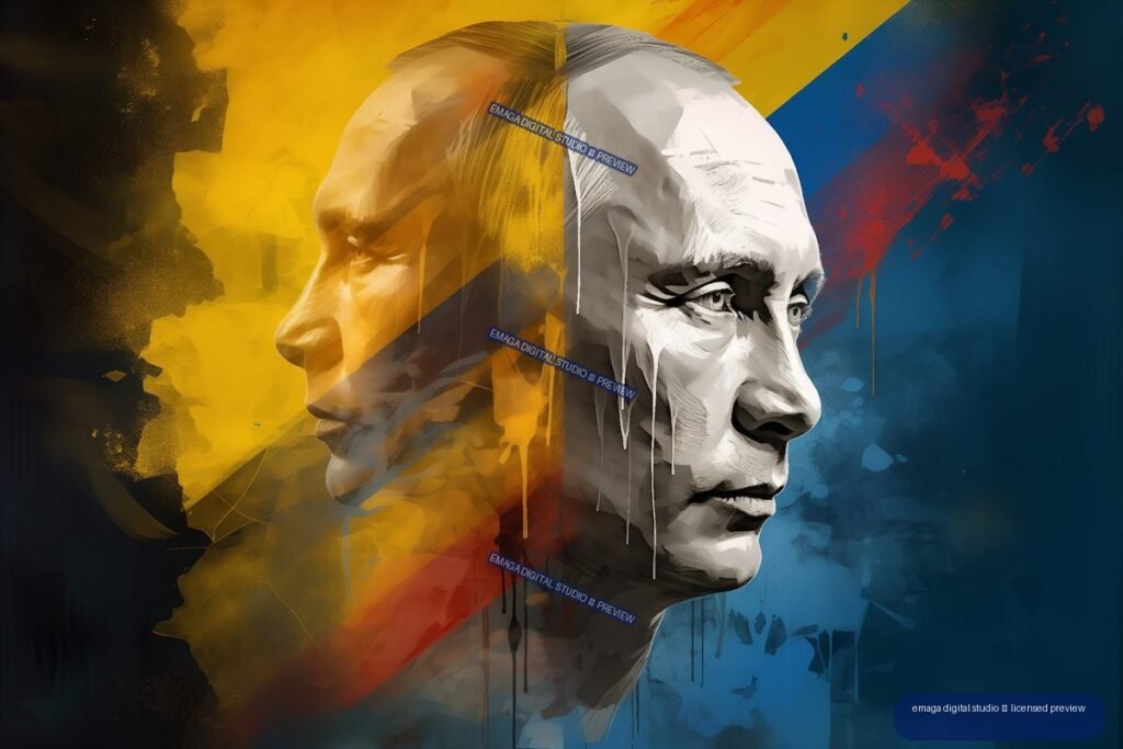 Stylized dual portrait resembling Vladimir Putin over blue and yellow fields with red and black conflict-inspired paint marks.