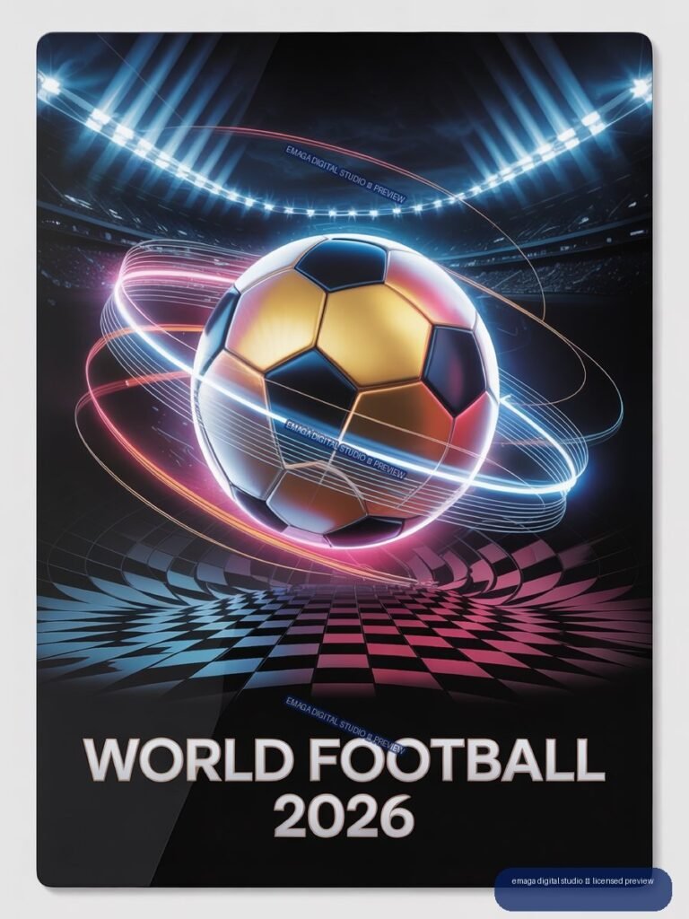 Futuristic poster with a glowing soccer ball in a stadium, swirling neon light trails, and the words World Football 2026.