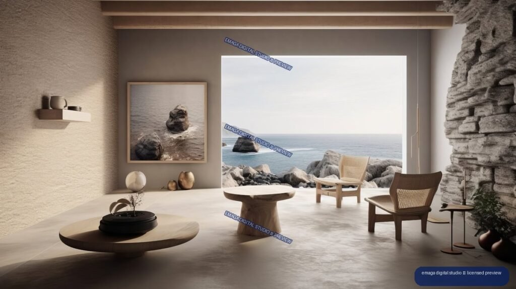 Minimalist Japandi living room with wood furniture and woven chairs overlooking a rocky ocean coast through a large window.