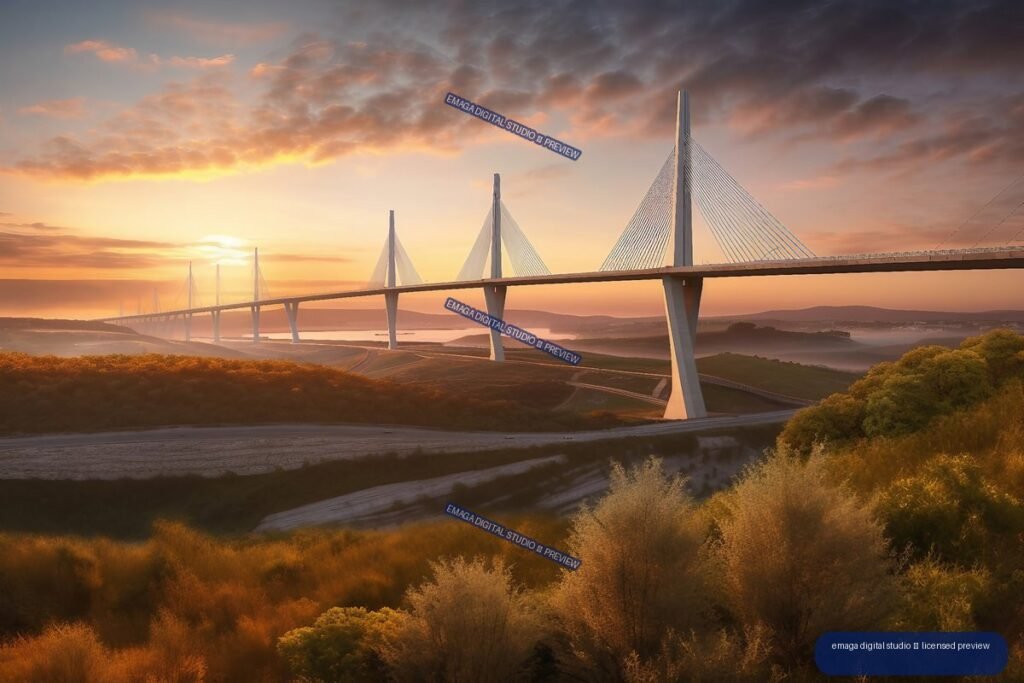 Long cable-stayed bridge with multiple pylons crossing a valley at sunset, surrounded by hills and vegetation beneath dramatic clouds.