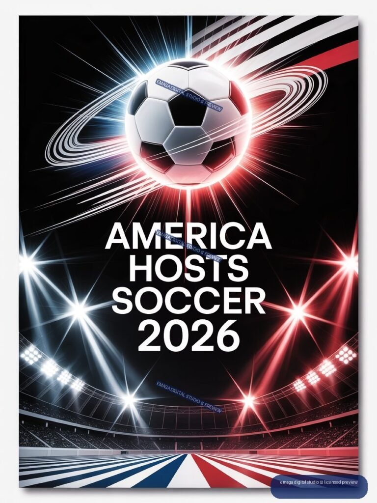 Vertical poster with a glowing soccer ball, stadium lights, red-white-blue graphics, and the text America Hosts Soccer 2026.