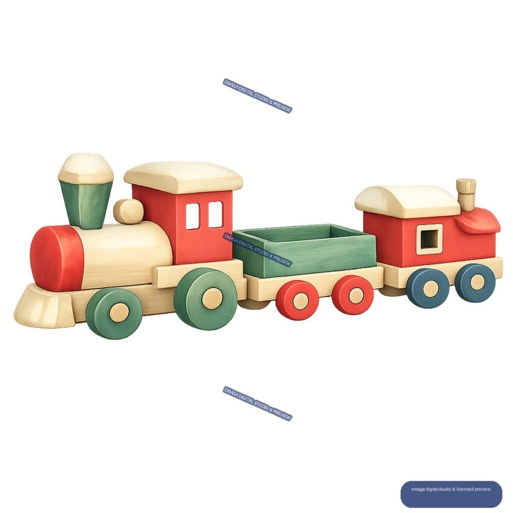 Colorful wooden toy train with a locomotive, open green cargo wagon, and red rear car.