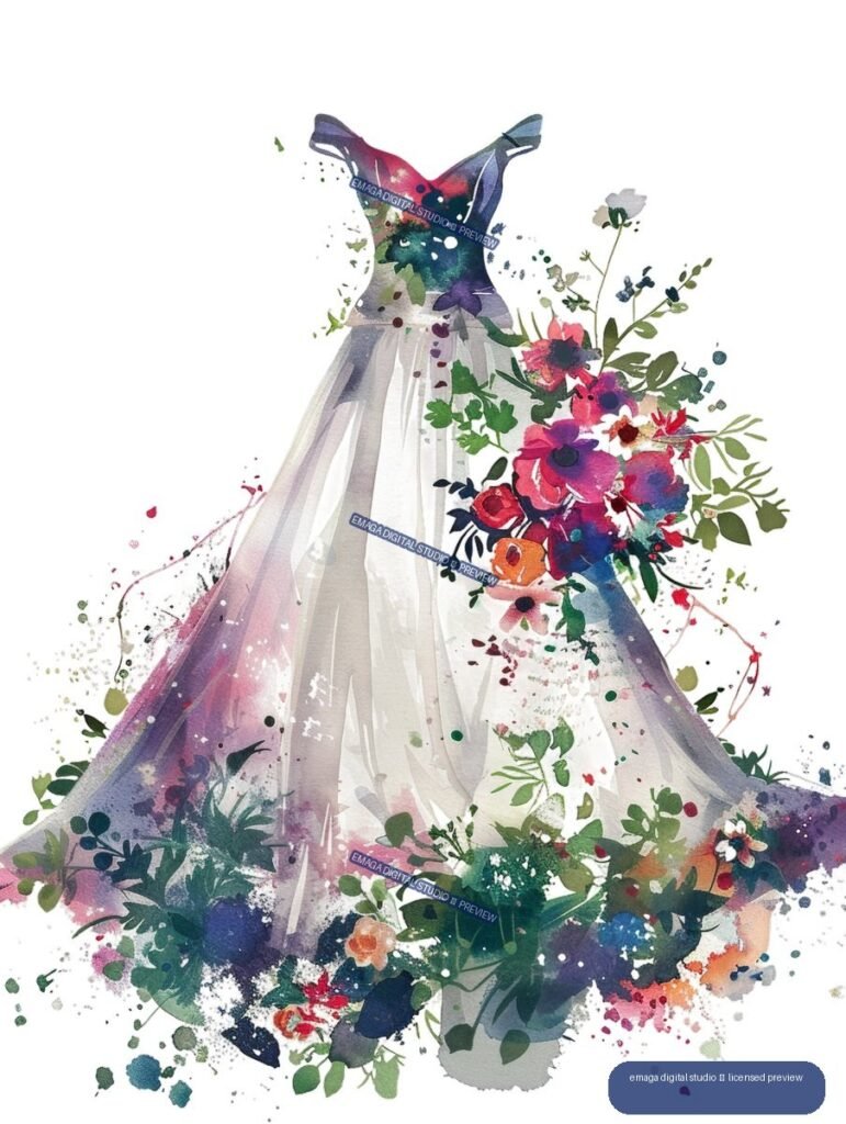 Watercolor illustration of a white wedding dress with a colorful floral bouquet and scattered botanical paint splashes.