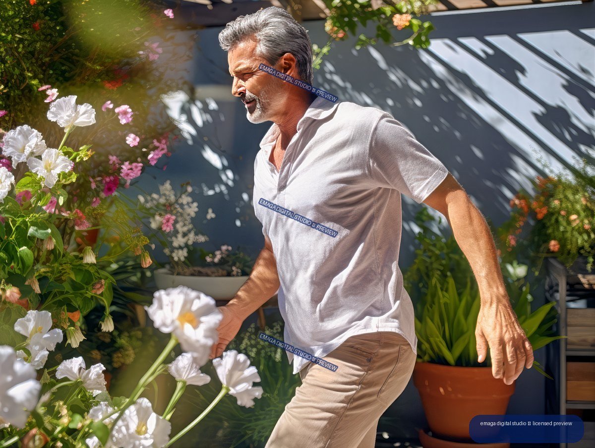 Middle-aged gray-haired man walking through a sunny garden surrounded by white and pink flowers.