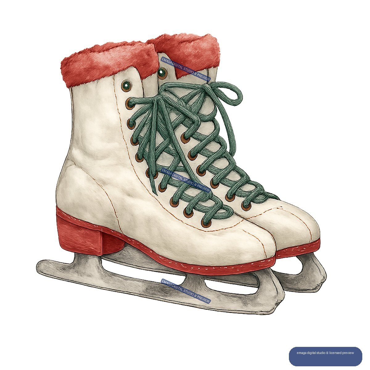 Pair of cream vintage ice skates with red cuffs, green laces, and gray blades.