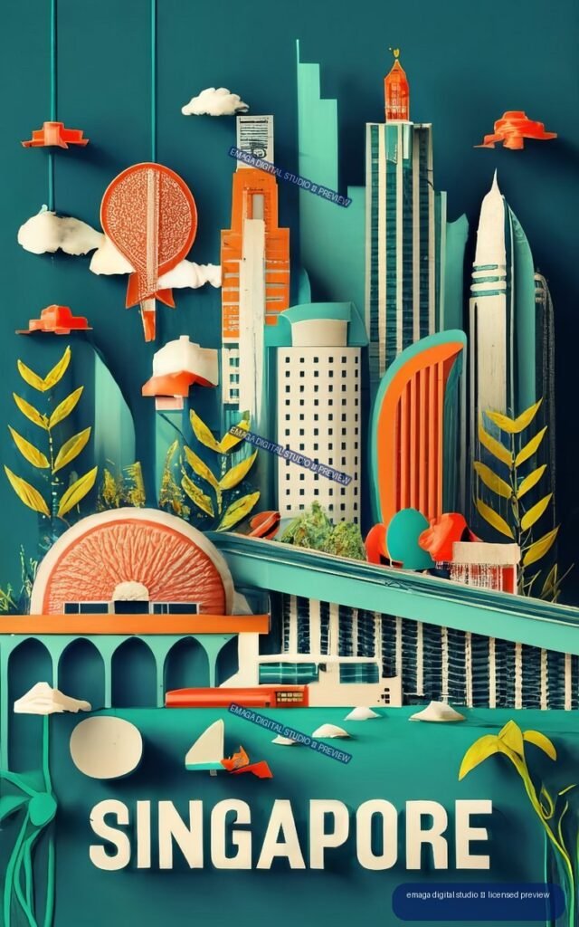 Stylized vintage-inspired Singapore poster with geometric skyscrapers, tropical leaves, clouds, colorful architectural forms, and large SINGAPORE lettering.
