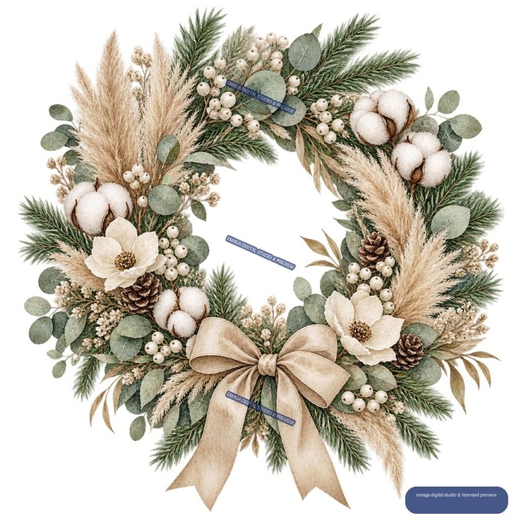 Watercolor Christmas wreath with pine branches, eucalyptus, white berries, cotton bolls, flowers, pinecones, dried grasses, and a beige bow.