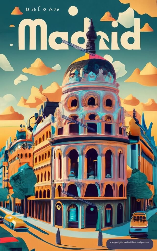 Colorful stylized Madrid streetscape with an ornate domed building, vehicles, trees, clouds, sun, and large cream lettering reading Madrid.