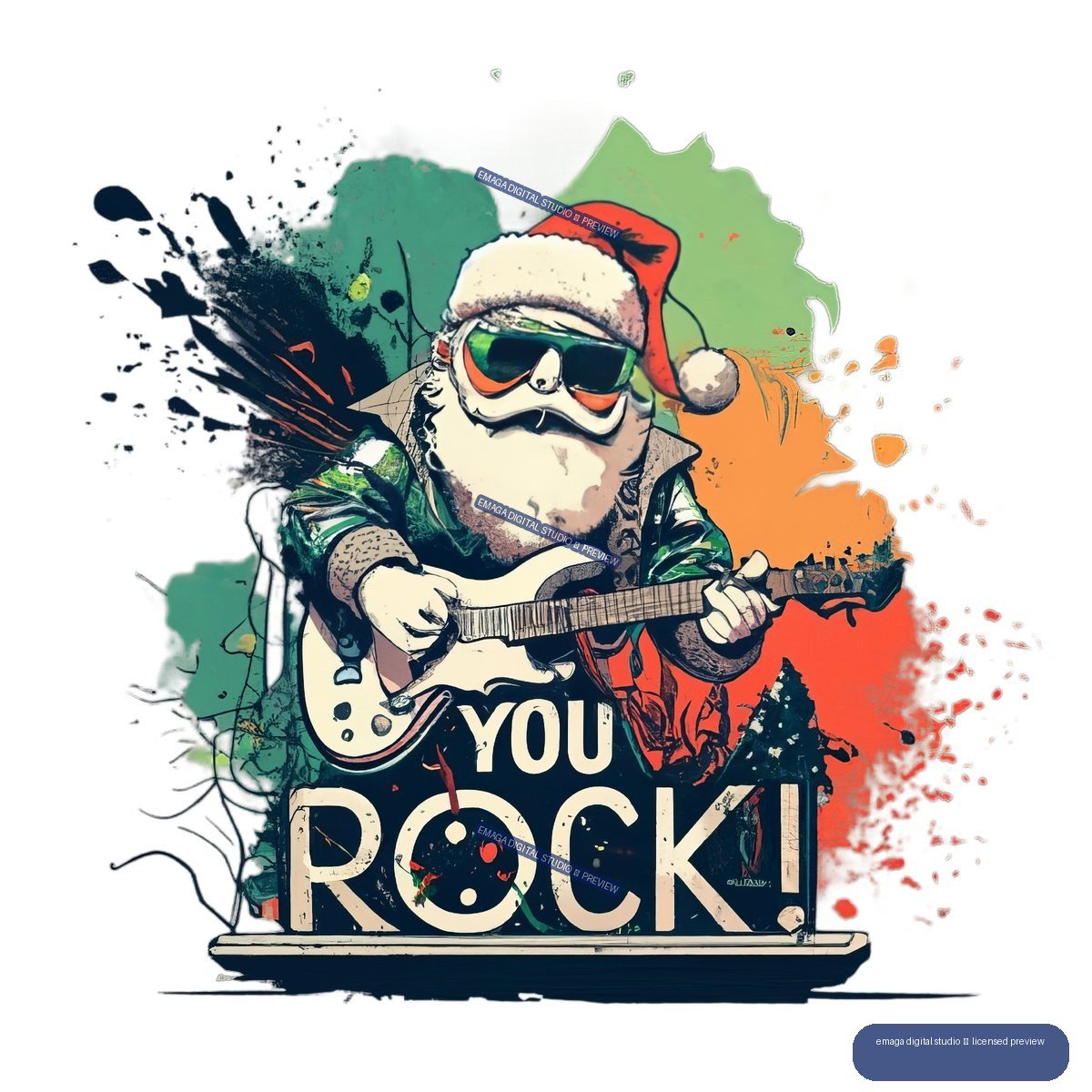 Illustrated Santa Claus in sunglasses and a Santa hat playing an electric guitar above bold “YOU ROCK” lettering, surrounded by colorful paint splashes.