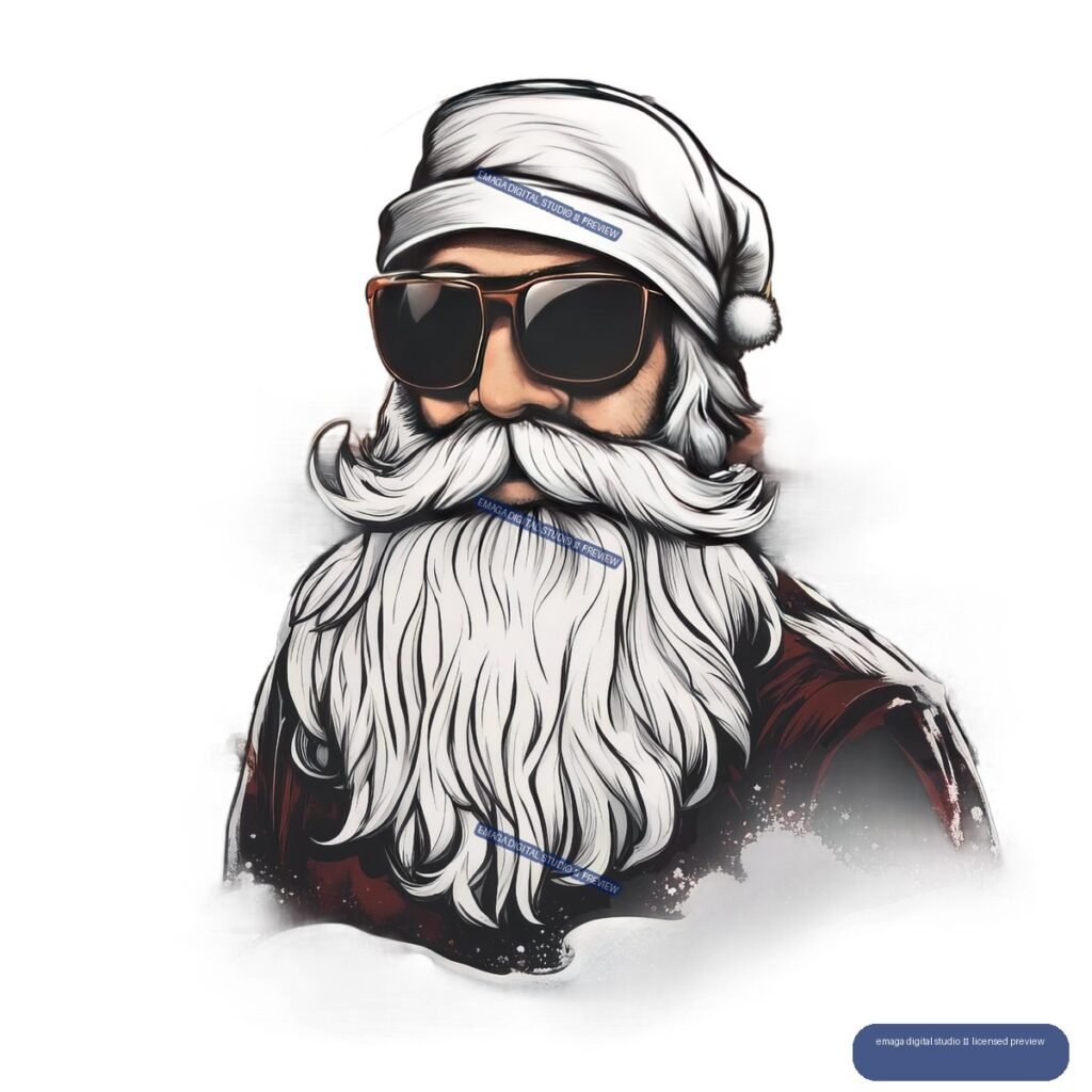 Stylized Santa Claus portrait with a white beard, Santa hat, and large dark sunglasses.