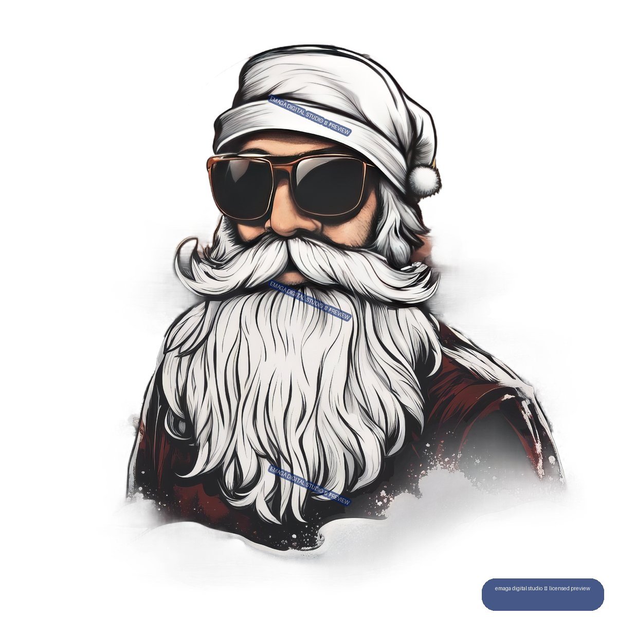 Stylized Santa Claus portrait with a white beard, Santa hat, and large dark sunglasses.