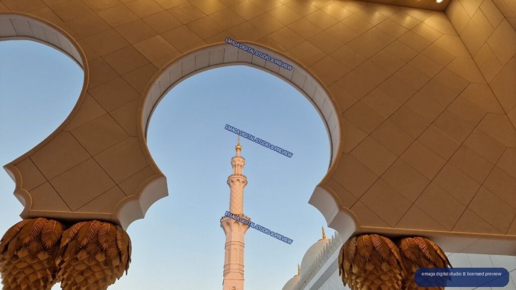Ornate Mosque Minaret Framed by Grand Arched Canopy — Sheikh Zayed Grand Mosque, Abu Dhabi