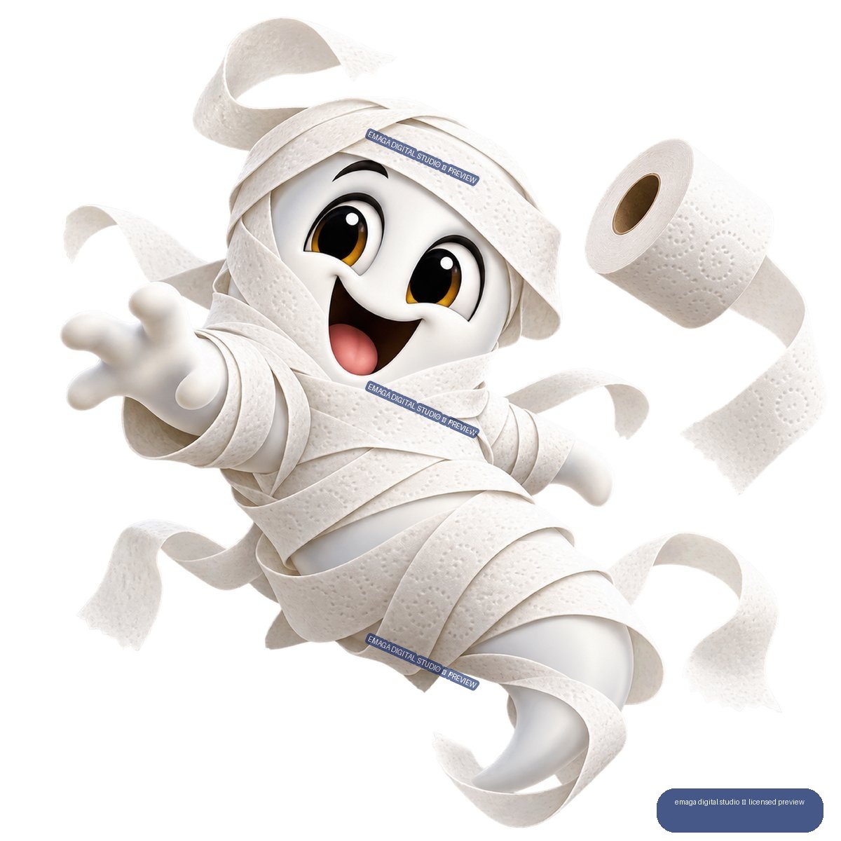 Cheerful cartoon ghost wrapped in toilet paper, floating with loose paper strips and a roll nearby.