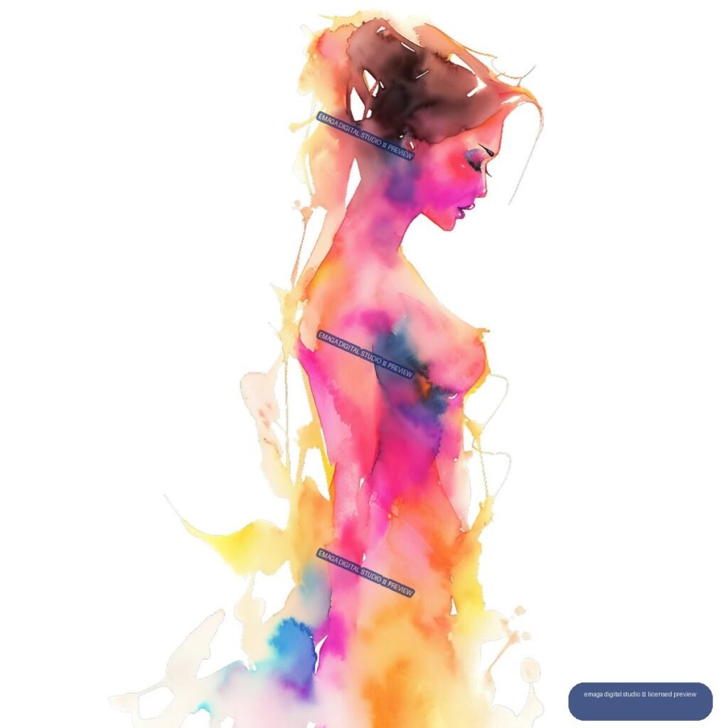 Colorful watercolor-style nude feminine figure shown in right-facing profile, with flowing pink, orange, yellow, blue, and violet pigment.
