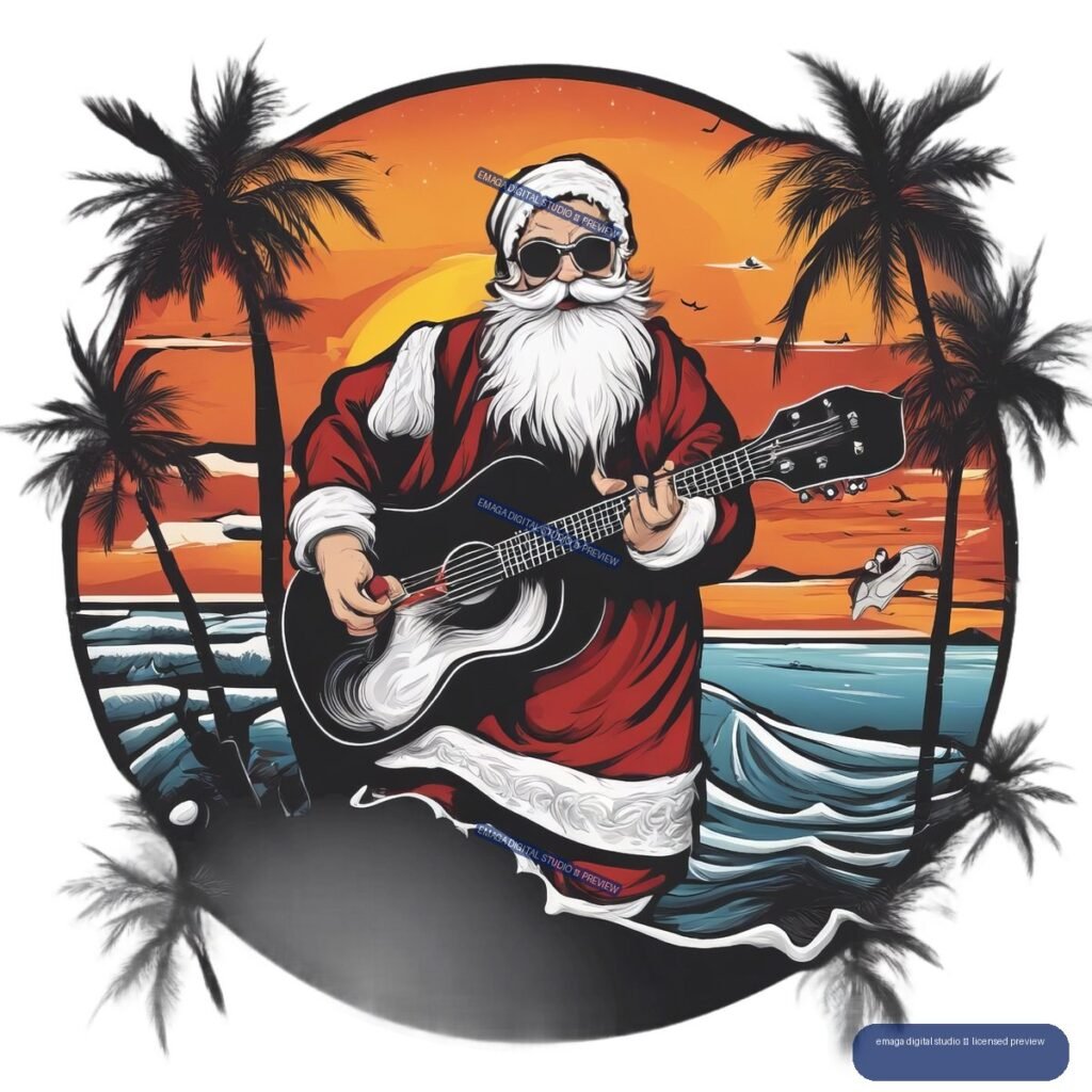 Illustration of Santa Claus in sunglasses playing a black guitar against an orange tropical beach sunset with palm trees and ocean waves.