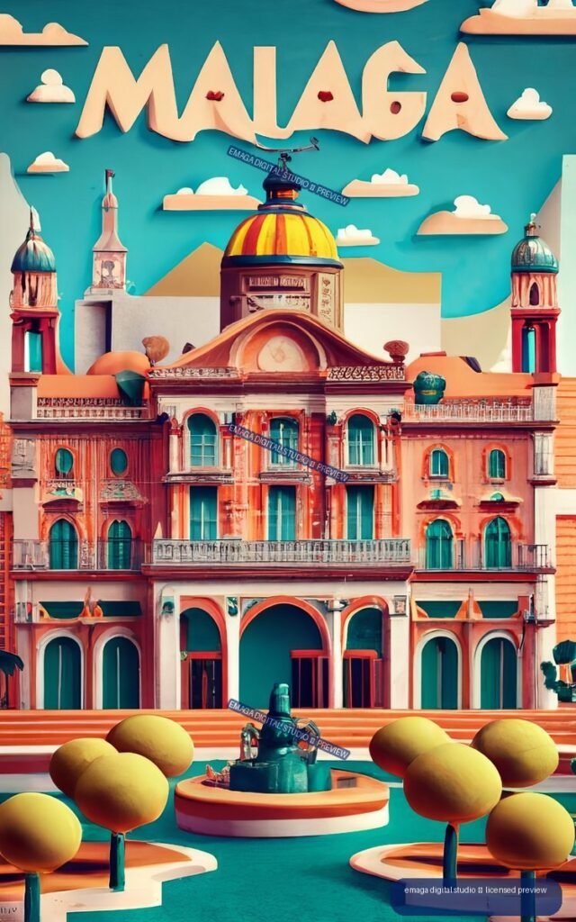 Stylized colorful poster showing an ornate Málaga building, domed towers, fountain, topiary trees, clouds, and large MÁLAGA lettering.