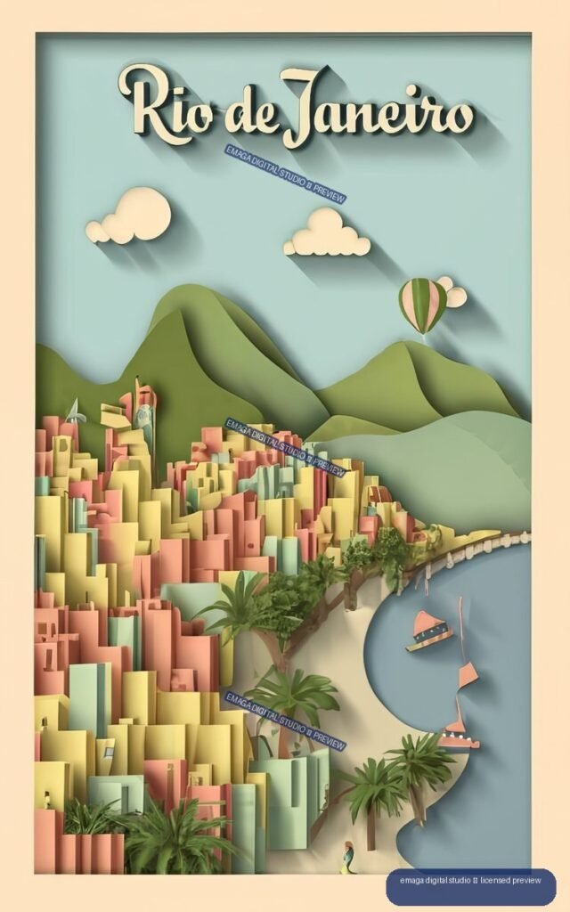 Stylized paper-cut travel poster of Rio de Janeiro with mountains, colorful hillside buildings, palm trees, shoreline, boats, clouds, and hot-air balloon.