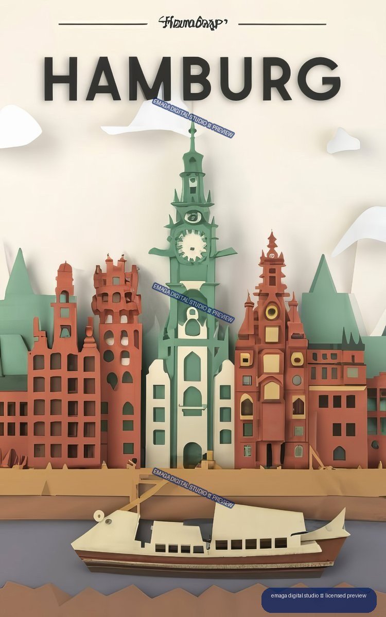 Layered paper-art illustration of Hamburg buildings, a central clock tower, and a passenger boat on the water.