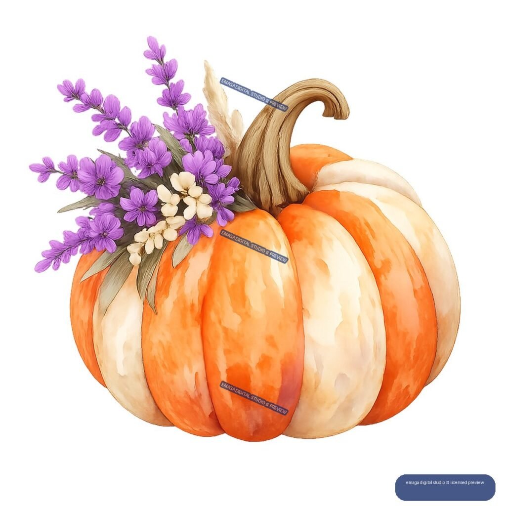 Watercolor illustration of an orange and cream pumpkin topped with purple flowers, green leaves, and a curved brown stem.