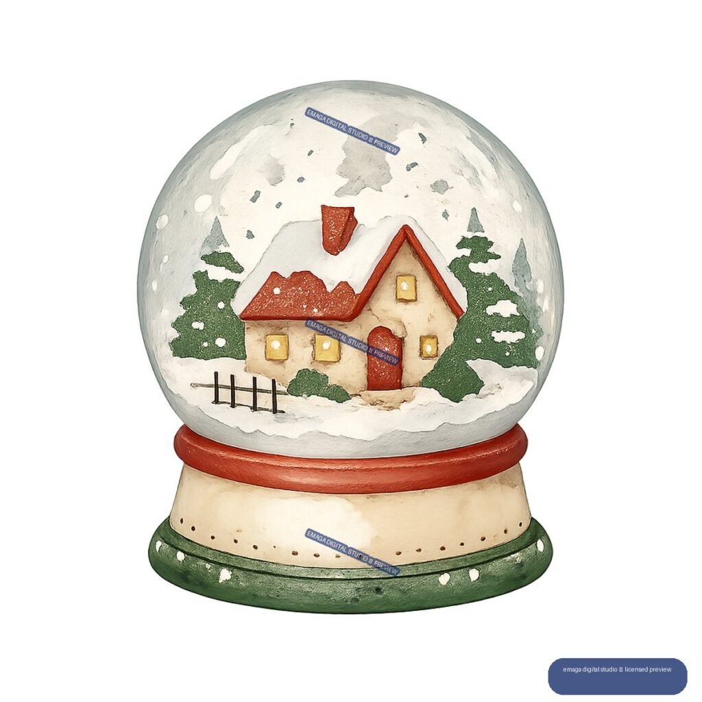 Watercolor-style Christmas snow globe containing a snowy cottage, evergreen trees, and a fence on a red, cream, and green base.