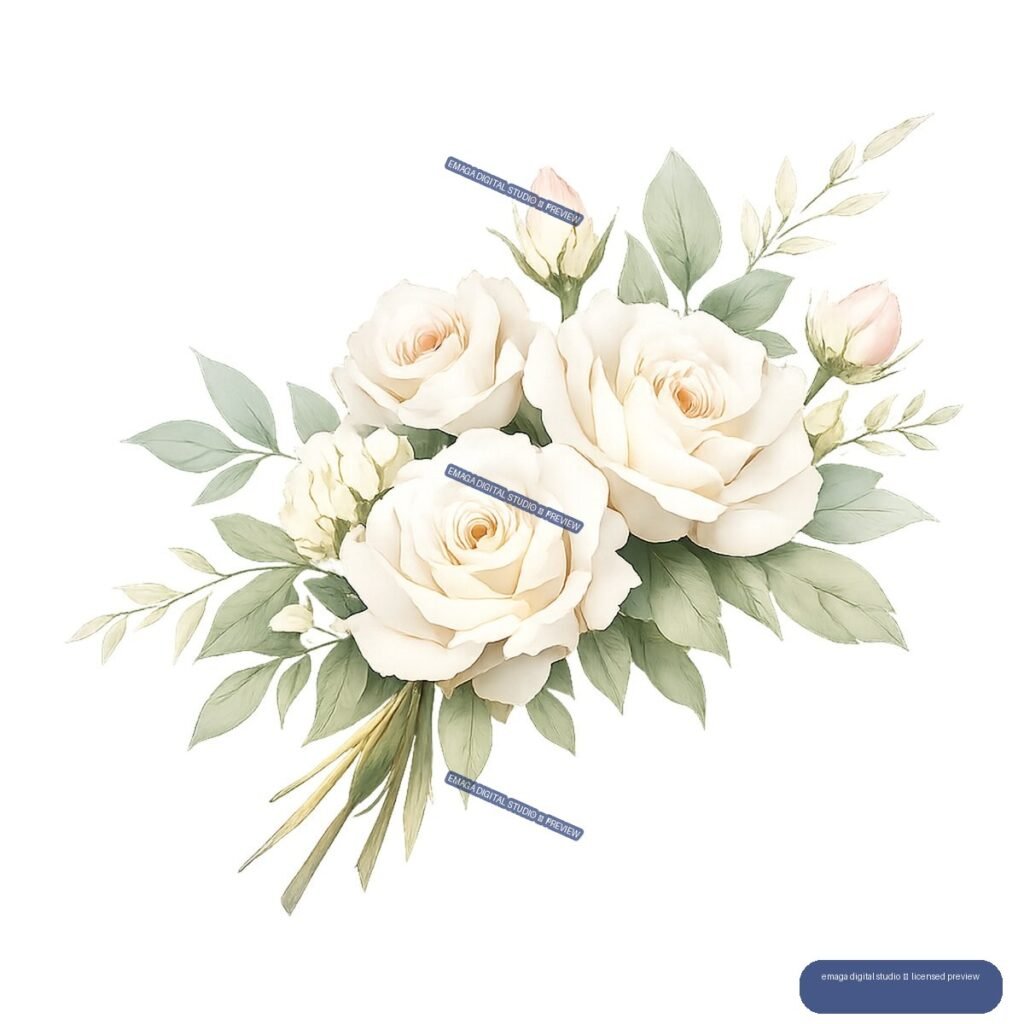 Watercolor bouquet of white roses, rosebuds, sage-green leaves, and slender stems isolated on transparency.