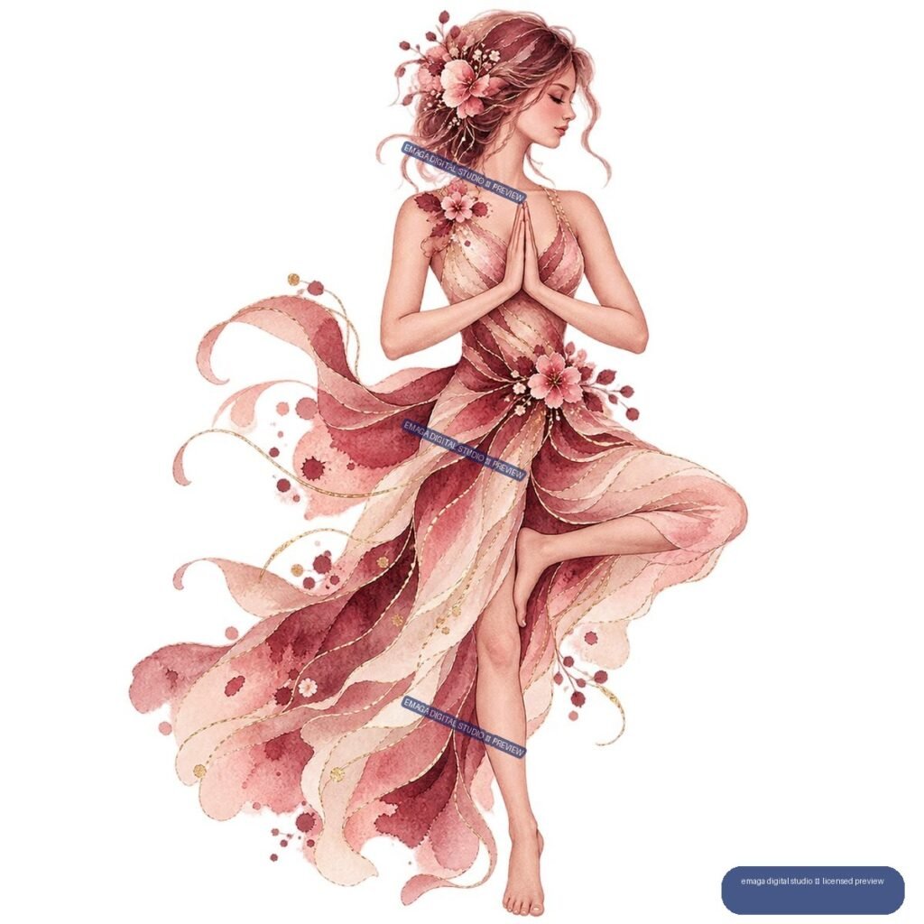 Watercolor woman kneeling in a flowing pink floral dress with hands pressed together, isolated on transparency.