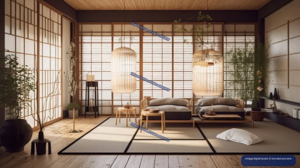 Warm minimalist living room with tatami mats, shoji screens, low sofas, woven pendant lights, plants, and wooden flooring.