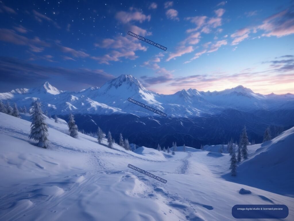 Snow-covered mountain range and frosted evergreen trees beneath a starry blue and pink twilight sky, with tracks crossing the foreground snow.