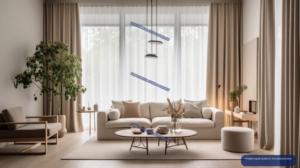 Minimalist Japandi living room with a cream sofa, wooden chair, pendant lights, plants, and large curtained windows.