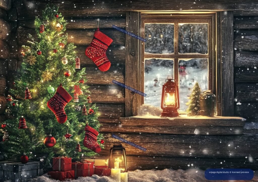 Rustic wooden cabin decorated for Christmas, with a lit ornament-covered tree, red stockings, wrapped gifts, candles, lanterns, and a snowy window.