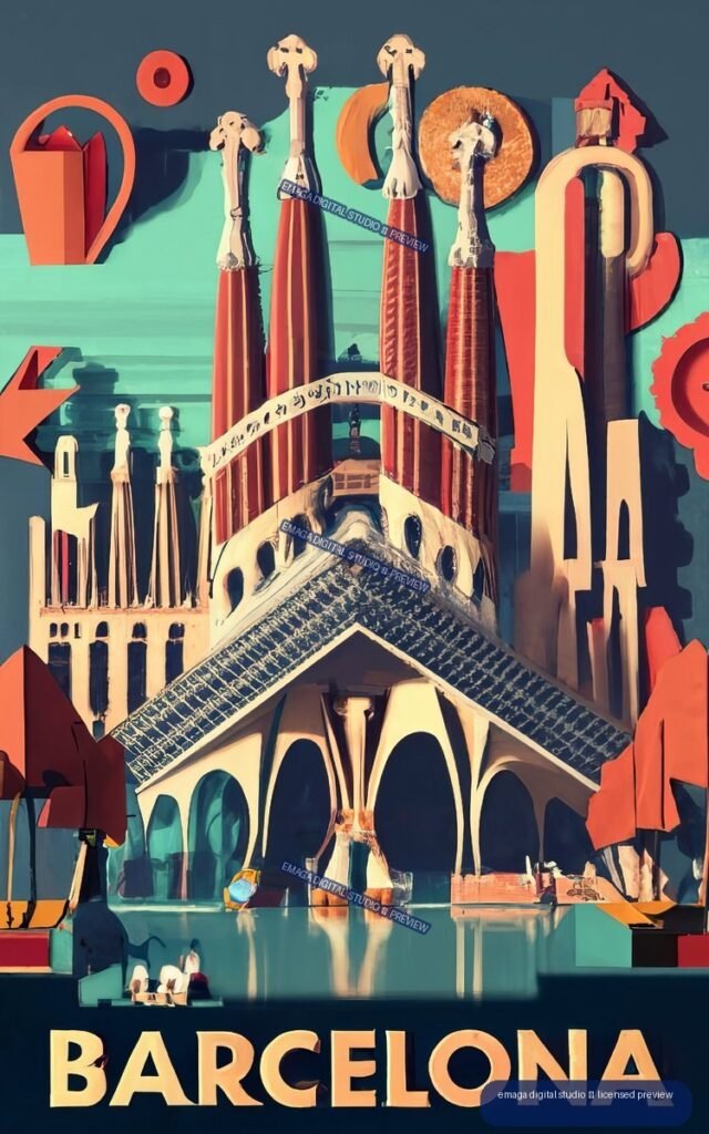 Stylized Barcelona poster with colorful towers, arched architecture, reflective water, and BARcelona lettering at the bottom.