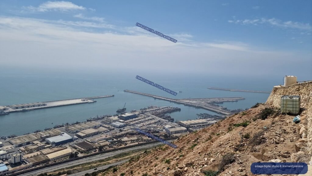 Elevated View of an Industrial Harbor and Coastal Breakwaters