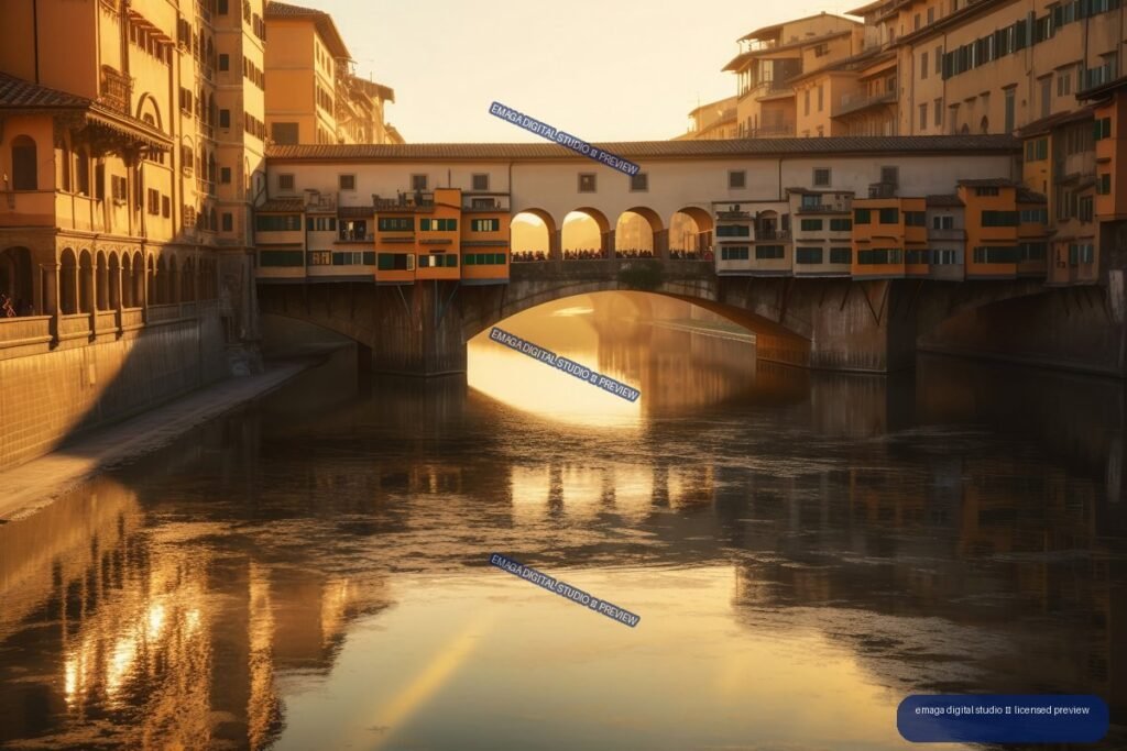 Ponte Vecchio crossing the reflective Arno River in Florence at golden hour, with historic buildings along both banks.