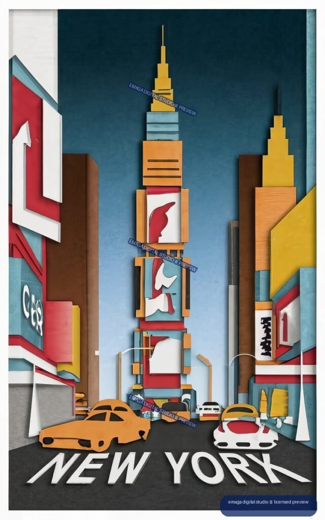 Stylized paper-cut illustration of Times Square with colorful buildings, yellow taxis, cars, and large NEW YORK lettering.